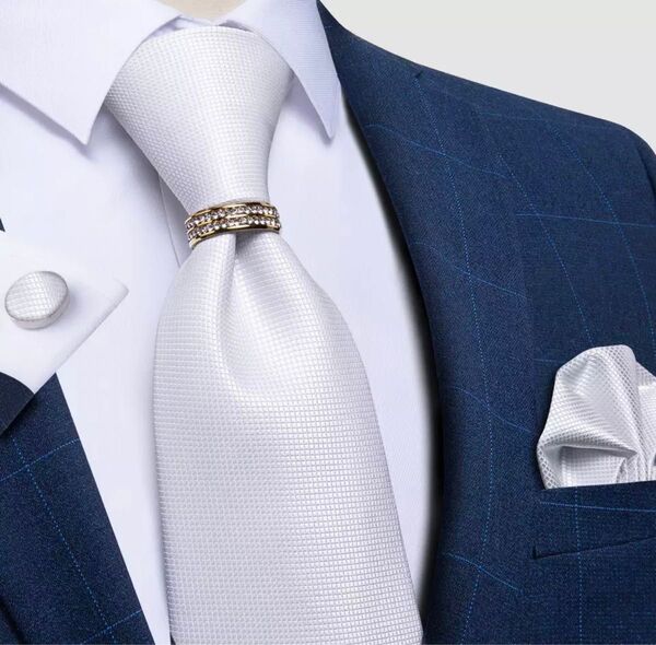 【4点セット】ネクタイペイズリーストライプ結婚式リング父の日白ホワイト金ゴールド