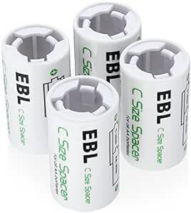 EBL 電池スペーサー (単2タイプ4コ入り) 電池変換アダプター 単３→単２変換 単3形充電池/アルカリ電池用 サイズ変換スペー