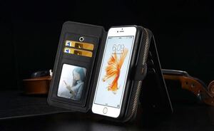 iPhone SE2 レザーケース アイフォン8 ケース iPhone7/8 カバー　iPhone SE3 ケース　手帳型 カード収納 ファスナー付き　財布型　black