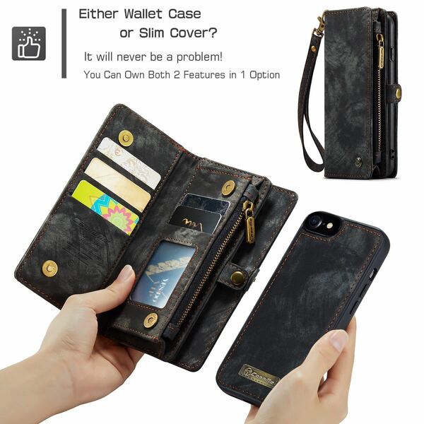 iPhone SE2 レザーケース iPhone SE3アイフォン7 レザーケース iPhone7/8 カバー　手帳型 カード収納 ファスナー付き　財布型　black