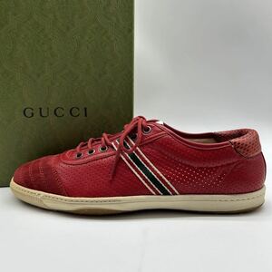 1 иен [ прекрасный товар ] GUCCI Gucci [ подавляющий ощущение роскоши ] мужской спортивные туфли обувь обувь перфорированная кожа Sherry линия красный 8 1/2 27.5cm соответствует 