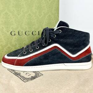 1円 【美品】 GUCCI グッチ 【王者の貫禄】 メンズ スニーカー ハイカット シューズ 靴 総柄 スウェード ネイビー インターロッキング 26.5