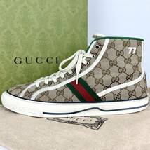 1円 【美品】 GUCCI グッチ 【王者の貫禄】 メンズ テニス スニーカー ハイカット シューズ 靴 GGキャンバス シェリーライン10 29.0cm相当_画像1