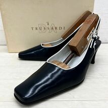 1441◎ TRUSSARDI トラサルディ 靴 シューズ パンプス スクエアトゥ ストラップ ヒール カジュアル ブラック レディース23.5_画像1