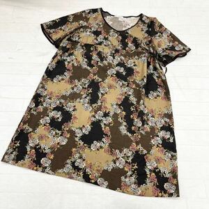 1443* SHIPS Ships tops empire One-piece mini height short sleeves floral print total pattern casual black Brown lady's 
