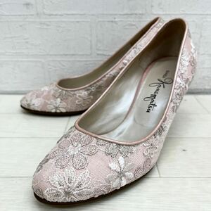 1447* GINZA Kanematsu Ginza Kanematsu shoes shoes pumps high heel round tu floral print embroidery Pink Lady -s22.5