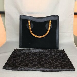 【中古品C】GUCCI(グッチ) バンブーハンドバッグ スエード ブラック 保存袋付き ※内側劣化あり（管理番号：063104)