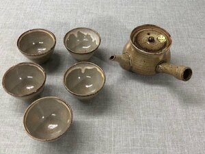 【未使用品】湯布院焼　祥納蘊窯　古茶器　湯呑×5急須×1セット　木箱付　 (管理番号：049102)