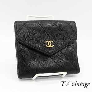 CHANEL シャネル ビコローレ キャビアスキン Wホック 折り財布 ブラックの画像1