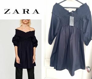 【未使用】タグ付き ZARA オフショルダー ポプリンワンピース チュニック Sサイズ 紺 ネイビー ザラ Basic