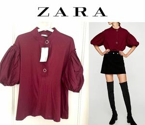 【未使用】タグ付き ZARA ザラ Mサイズ バルーン袖 トップス ボルドー コットン 異素材ミックス