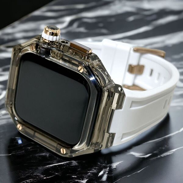 TBW☆ブラック ホワイト☆アップルウォッチバンド ラバーベルト カバー Apple Watch クリア ケース 40mm 41mm 44mm 45mm 46mm 49mm 4ネジ