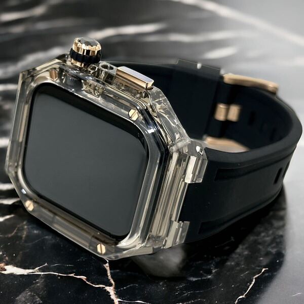TBF☆ブラック&ブラック☆アップルウォッチバンド ラバーベルト カバー Apple Watch クリア ケース 40mm 41mm 44mm 45mm 46mm 49mm 4ネジ