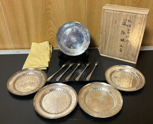 平安◯◯◯造　純銀菓子器セット　KINGフォーク　共箱　煎茶道具　銘々皿　小皿