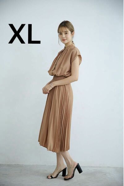 XL ノーカラー フレンチ ワンピース プリーツ ロング丈 キャメル 無地 韓国 人気