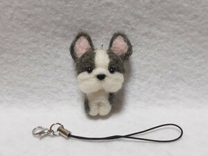 羊毛フェルト ハンドメイド 仔犬 フレンチブルドッグ　フレブル　パイドちゃん ストラップ 