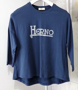 美品 ヘルノ HERNOプリント ロゴ ネイビー クルーネック Tシャツ カットソー 40 レディース ネイビー 7分袖 1333