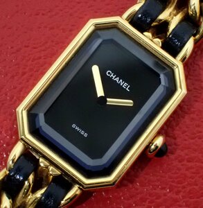  прекрасный товар Chanel Premiere Gold GP чёрная кожа L кварц часы 604