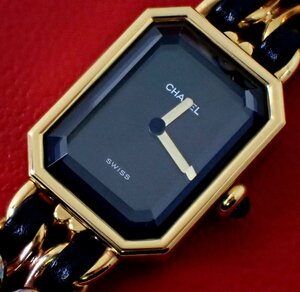  прекрасный товар Chanel Premiere Gold GP чёрная кожа L кварц часы 1039