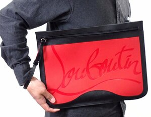 A4 possibility! superior article Christian Louboutin en Boss Logo steering wheel attaching clutch bag handbag leather red × black 1394