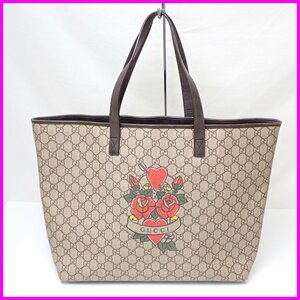 ■GUCCI/グッチ タトゥーハート トートバッグ 257245/ベージュ×ブラウン/GGキャンバス/肩掛けOK/A4対応/保存袋付き&1981100019