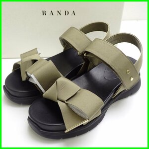 ★未使用 RANDA/ランダ 厚底フラットソール スポーティーサンダル S/22.5cm相当/カーキ/リボン装飾/外箱付き/DR09059&1424600050