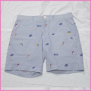 ★美品 PEARLY GATES/パーリーゲイツ シアサッカー ハーフパンツ 5/メンズL相当/ネイビー×オフホワイト/ストライプ/ゴルフ&1971200040