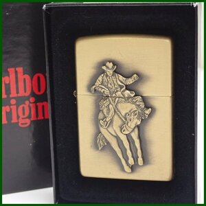 ★1円 未着火品 Zippo/ジッポー Marlboro/マルボロ カウボーイ オイルライター ゴールド/1998年製/外箱付き&1844600023