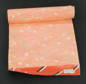 [Q1492]S simplified silk long kimono-like garment cloth orange pink ground . folding crane, pine leaf pattern . clothes stock goods kimono 