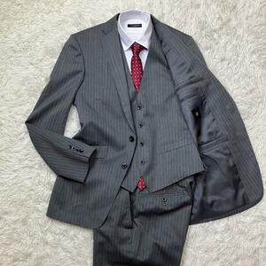 極美品/XL ●SUIT SELECT スーツセレクト スリーピース セットアップ スーツ ベスト グレー メンズ ストライプ 大きいサイズ 3ピース