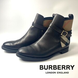 1128　Burberry バーバリー アンクルブーツ　ショートブーツ　チェック柄　ブラック　24.2cm