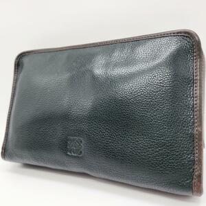 1 jpy [ rare color ] Loewe clutch bag hole gram Logo type pushed . all leather deep green Vintage men's lady's Spain made green 