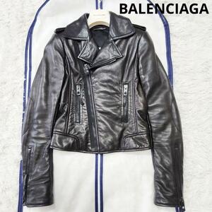 1 иен [ прекрасный товар * овечья кожа ] Balenciaga двойной байкерская куртка 38 M женский BALENCIAGA кожаный жакет стандартный импортные товары кожа ягненка 