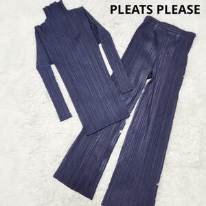 1 jpy [ beautiful goods ] pleat pulley z Issey Miyake setup tunic + pants 3 number M PLEATS PLEASE elasticity lady's made in Japan dark blue color 