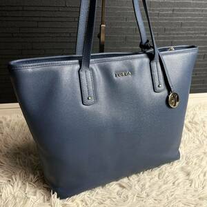 A4収納/1円 ●FURLA フルラ メンズ ビジネス トートバッグ ショルダーバッグ レザー 本革 肩掛け可能 チャーム付き ブルー