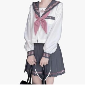 [GSYCL] 制服 長袖 ピンクリボン セーラー服 花 女子高校生 3点セット レディース 仮装 上下セット (数回使用)