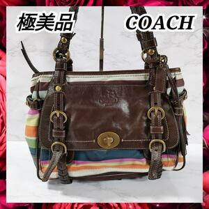 極美品 COACH コーチ 12613 レガシー トートバッグ ショルダーバッグ レディース バリエゲイテッド ストライプ キャンバス 