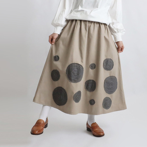  summer preparation SALE cotton chino cloth gathered skirt turning round and round embroidery flower pattern patchwork dark beige B28A