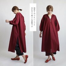 １０００円からスタート　１１５cm丈　パフ袖スモックゆったりワンピース　スリット入ロングシャツ　コットン擬麻ギマ　リネン麻G52_画像4