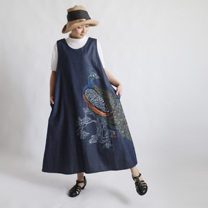 Art hand Auction New item until May 31st PRICE Hand-painted ART Japanese painting Peacock picture Lucky painting One piece Loose fit Jumper skirt U56C, one piece, Long skirt, Large size