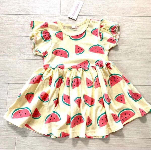 【新品】90cm スイカ ワンピース クリームイエロー 夏 半袖ワンピース