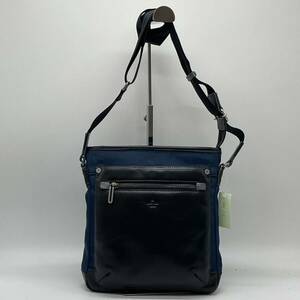 ★BN110□LANVIN en Bleu ランバンオンブルー レザー×ナイロン ショルダーバッグ 斜め掛け ネイビー イケテイ社製 メンズ