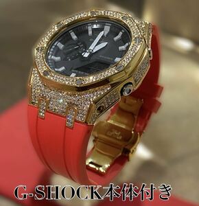 【本体付き】G-SHOCK GA-2100ラバーベルトセット メタル カシオーク カスタム Gショック　ゴールド　フルジルコニアベゼル　レッドラバー