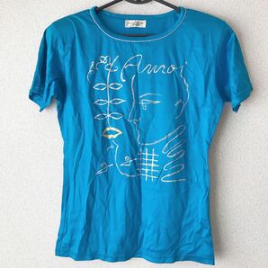 VINTAGE ロゴ アート Tシャツ 鮮やかな 青　綿100% 半袖Tシャツ 半袖