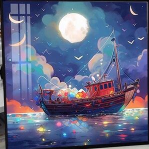 クロスステッチキット 満月の船旅 (11CT、図案印刷あり)