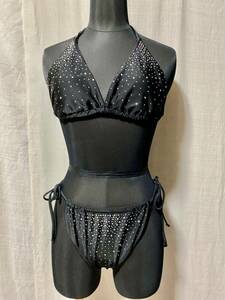 No.389 new goods swimsuit bikini L size himo black halter-neck high leg rhinestone side ribbon 