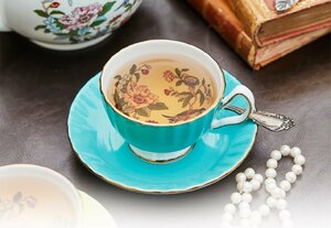 Aynsley エインズレイ　イギリス　ティーカップ　カップ＆ソーサー　洋食器　茶器　雀花柄　お祝い　プレゼント　ブルー