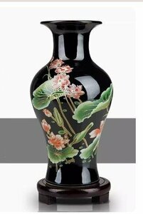 景徳鎮製　磁器　花瓶 蓮の花　蓮の葉　蓮　烏金釉　置物　装飾　古美術　インテリア　台座付き　生花　zh55