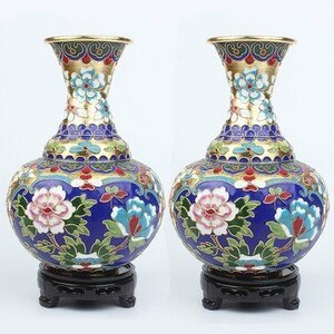 景徳鎮　琺瑯彩　花瓶　2点セット　景泰藍　磁器　牡丹柄　花柄　置物　装飾　収蔵　コレクション