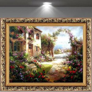 Art hand Auction Oil painting, still life, landscape, hallway wall painting, reception room hanging, entrance decoration, decorative painting, sea of flowers, medieval European townscape, Painting, Oil painting, others